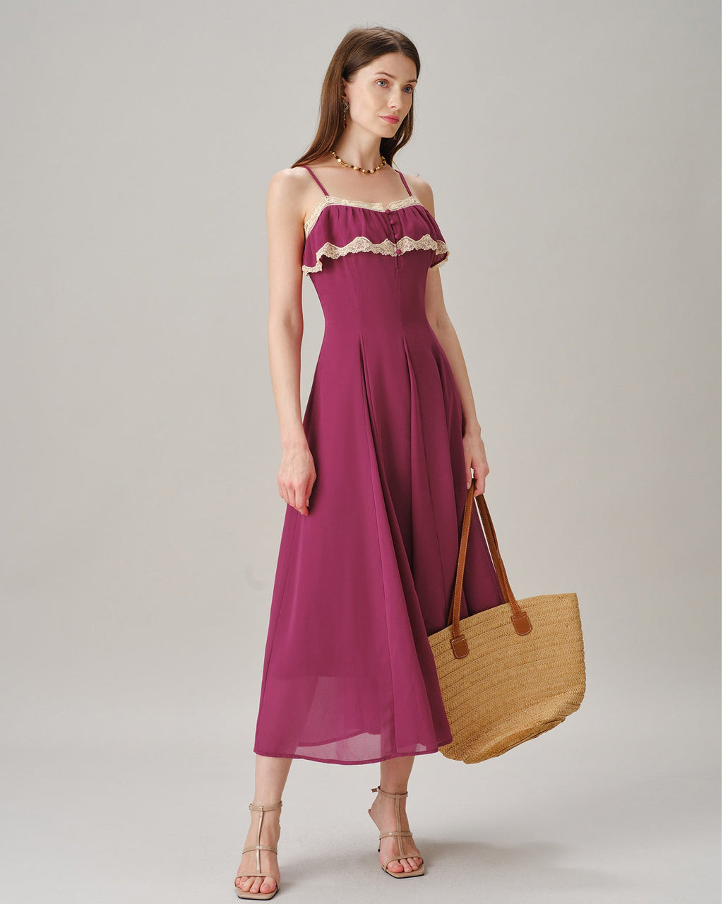Pink Lace Button Slip Chiffon Maxi Dress