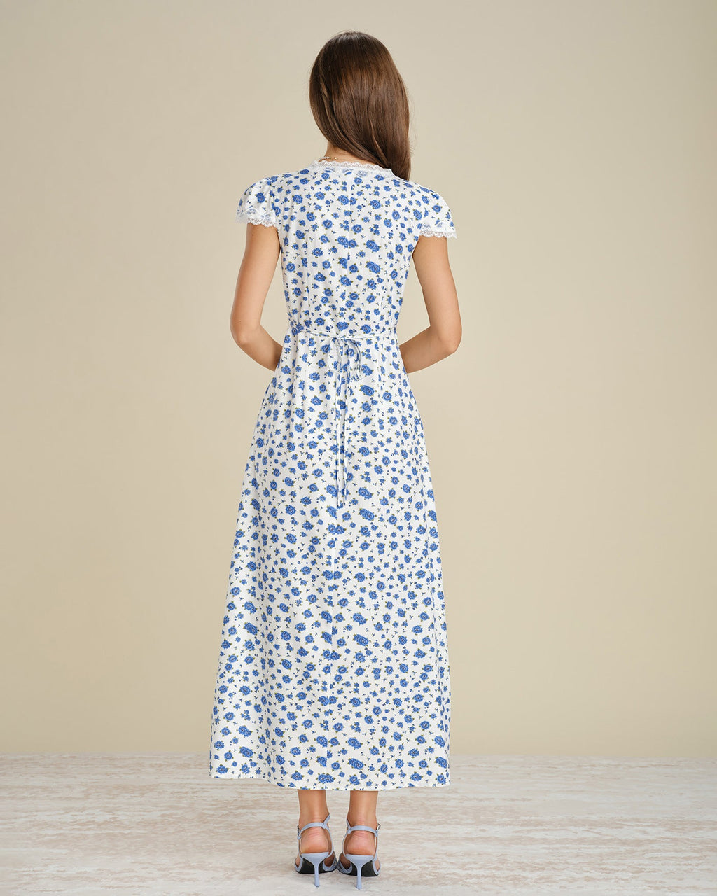 Blue Cap Sleeve Lace Floral Maxi Dress