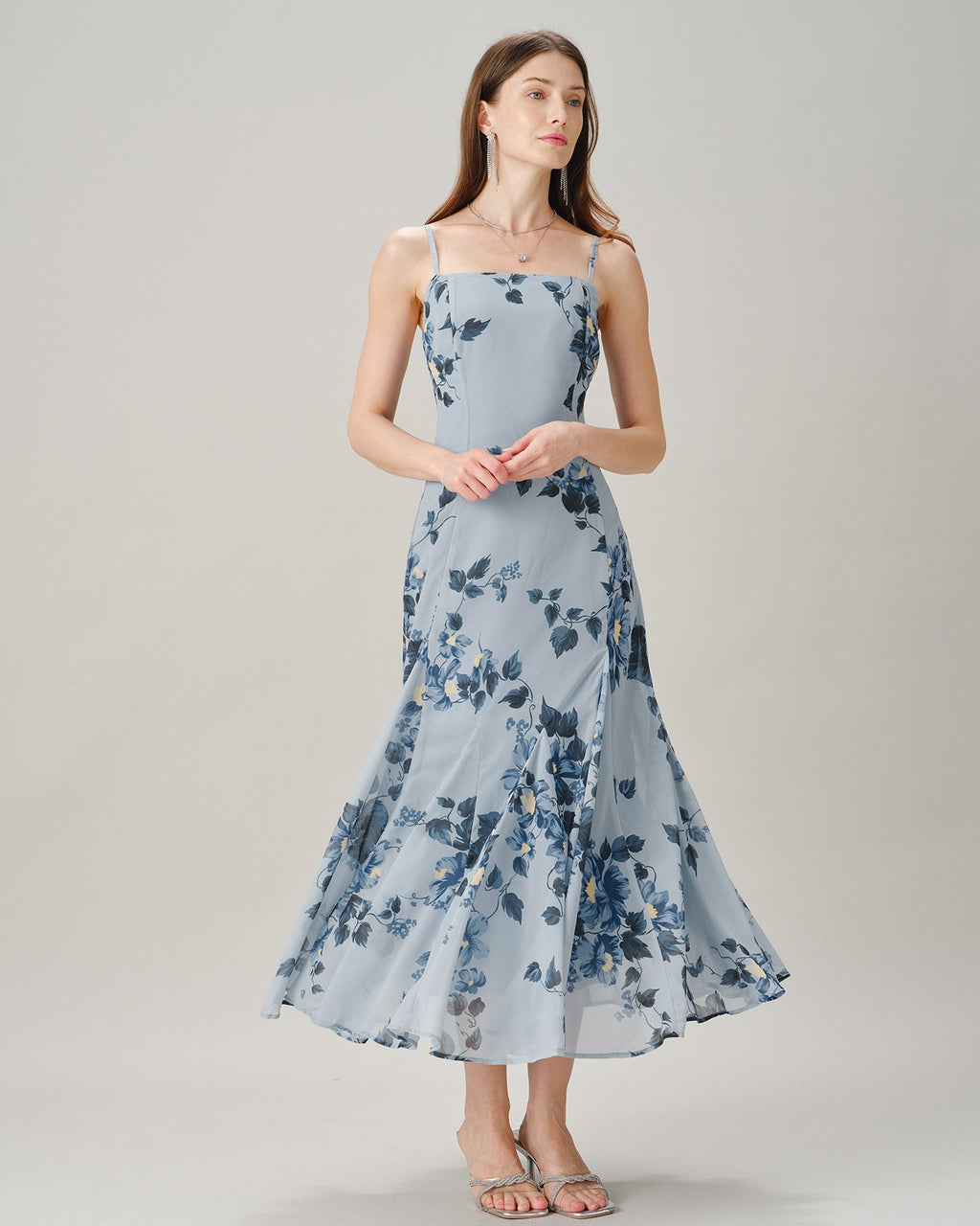 Blue Sleeveless Floral Chiffon Maxi Dress