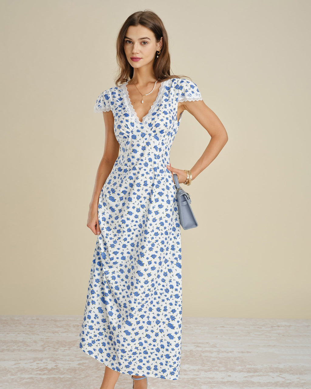 Blue Cap Sleeve Lace Floral Maxi Dress