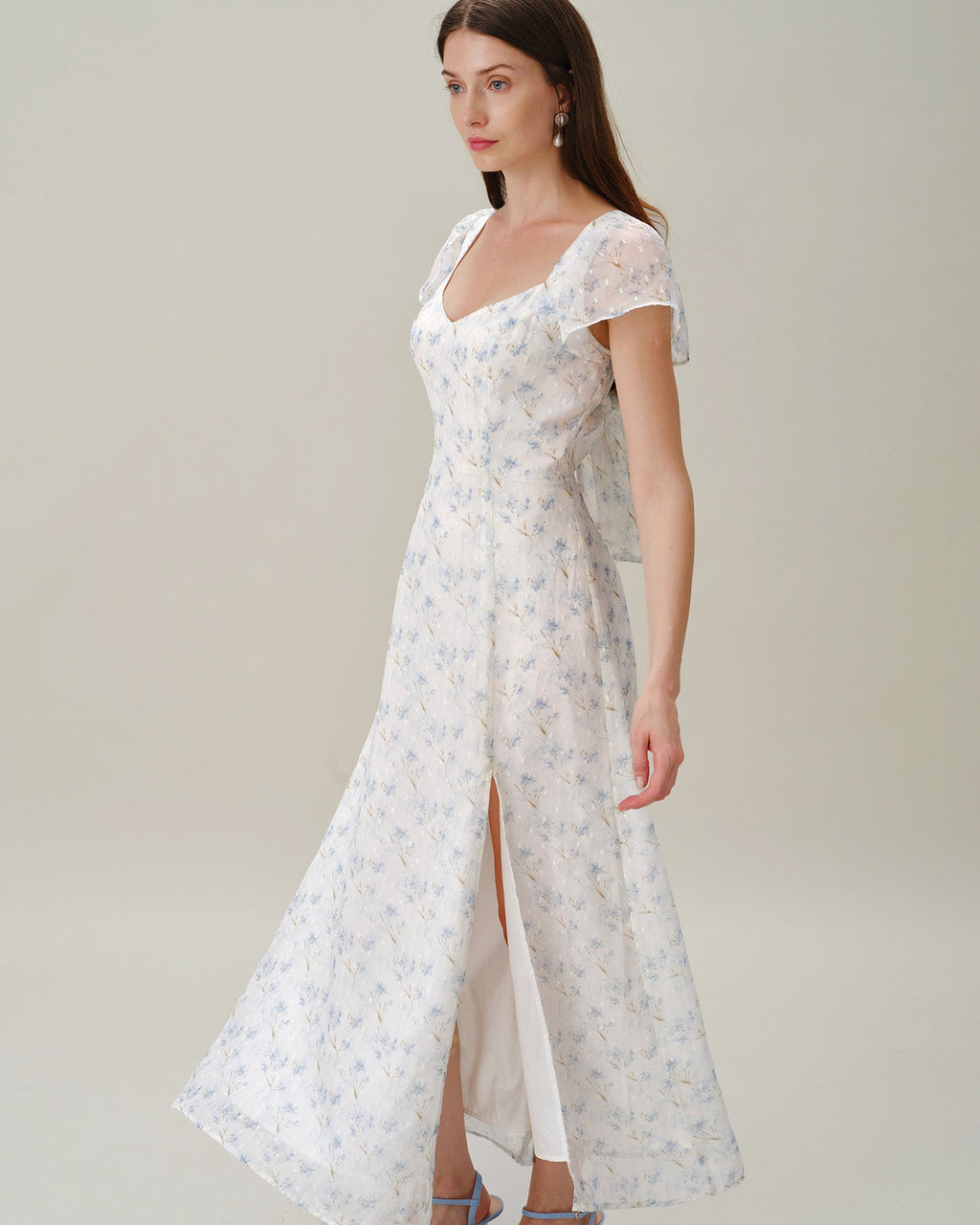 Blue Sweetheart Neck Floral Slit Maxi Dress