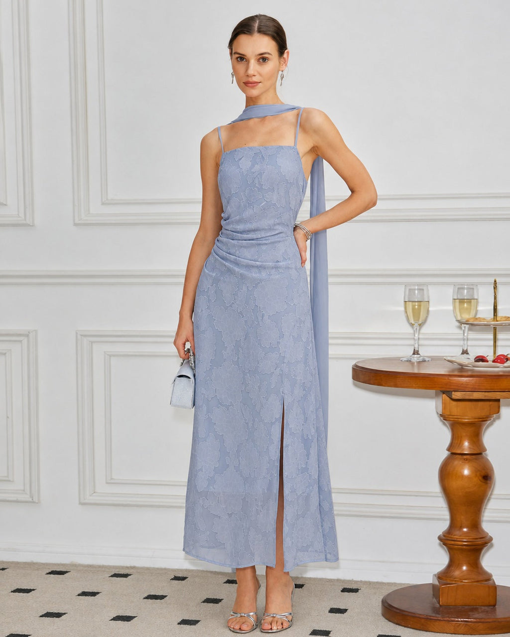 Blue Square Neck Jacquard Slit Maxi Dress