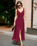 Wine Red Button Slit Chiffon Maxi Dress