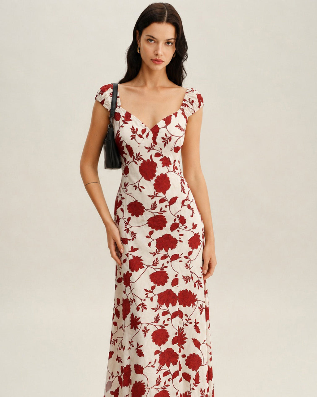 Red Sweetheart Neck Tie Floral Maxi Dress