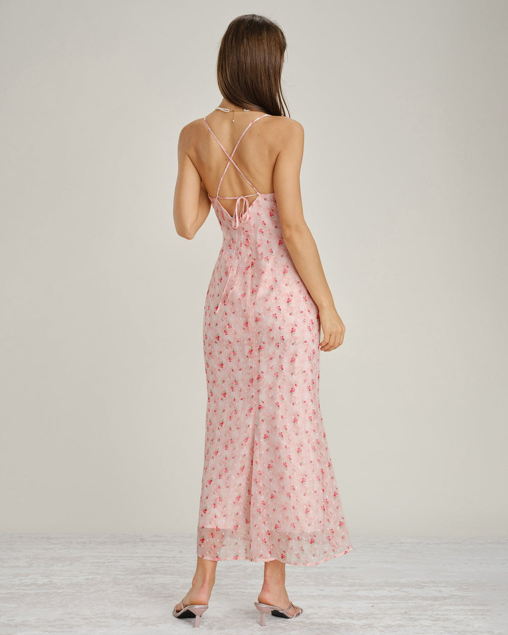 Pink Cowl Neck Floral Slip Maxi Dress
