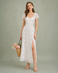 Blue Sweetheart Neck Floral Slit Maxi Dress