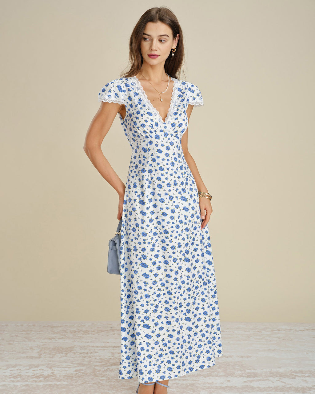 Blue Cap Sleeve Lace Floral Maxi Dress
