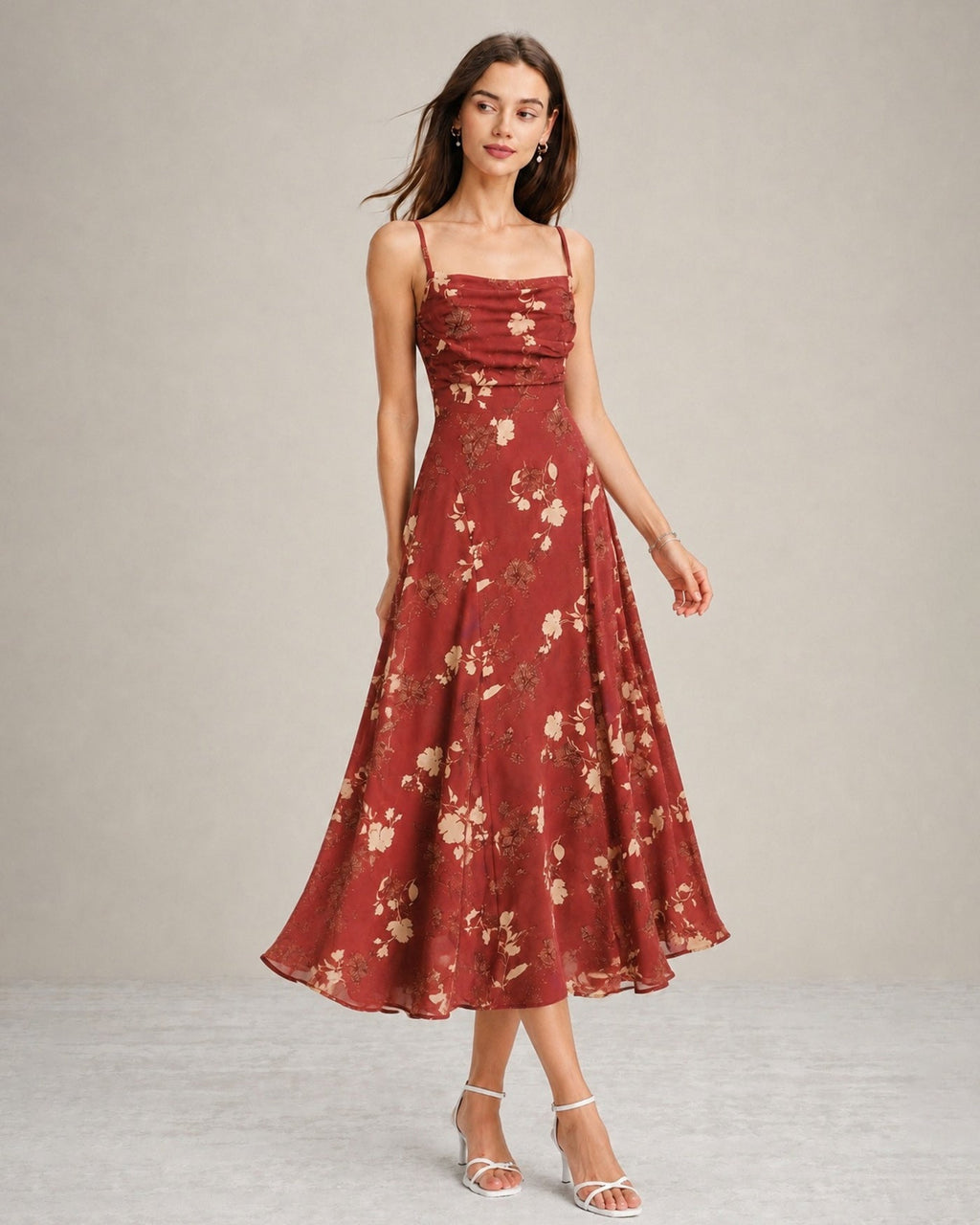 Red Square Neck X Cross Floral Maxi Dress