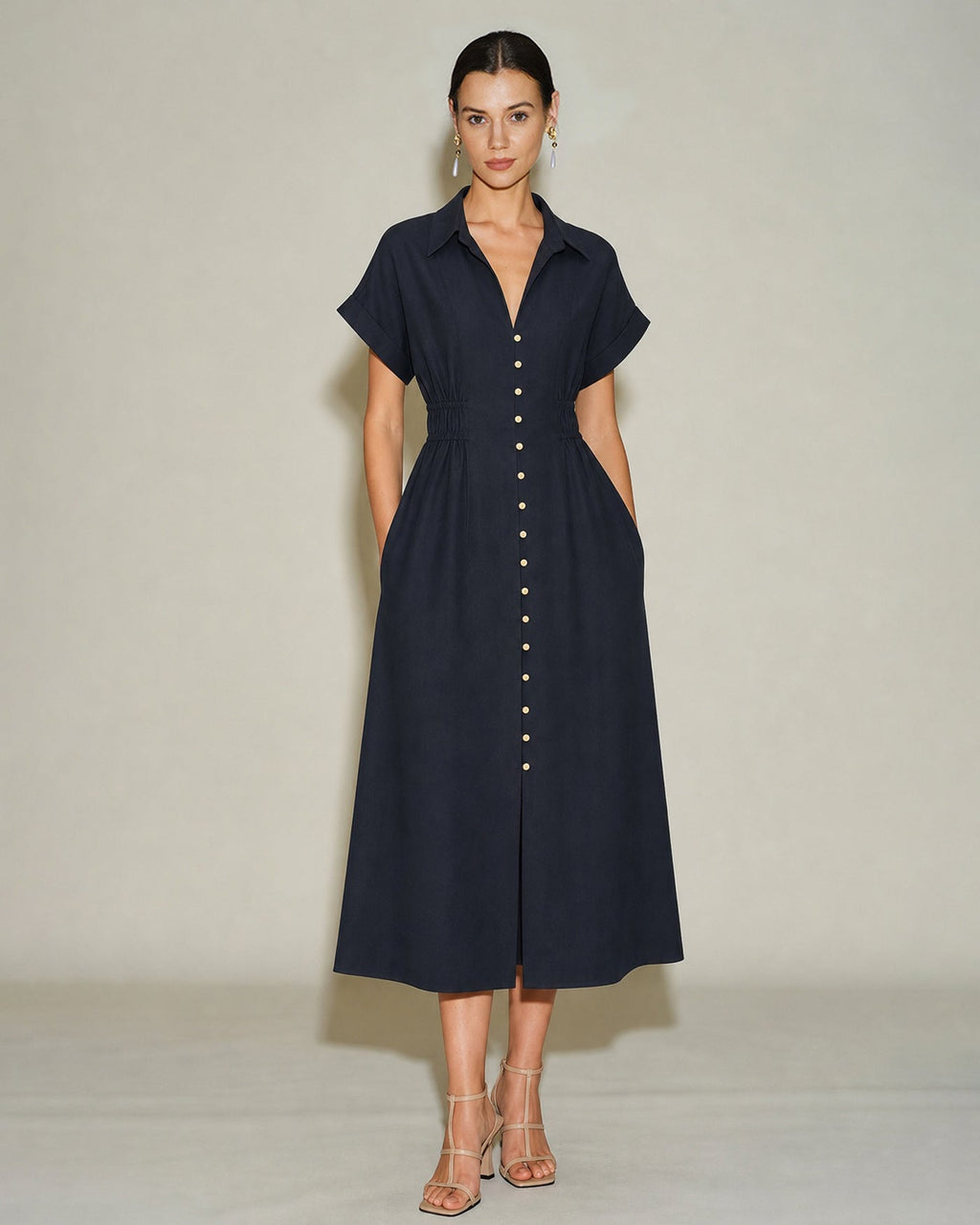 Black V Neck Drop Shoulder Midi Dress