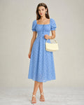 Blue Square Neck Floral Chiffon Midi Dress