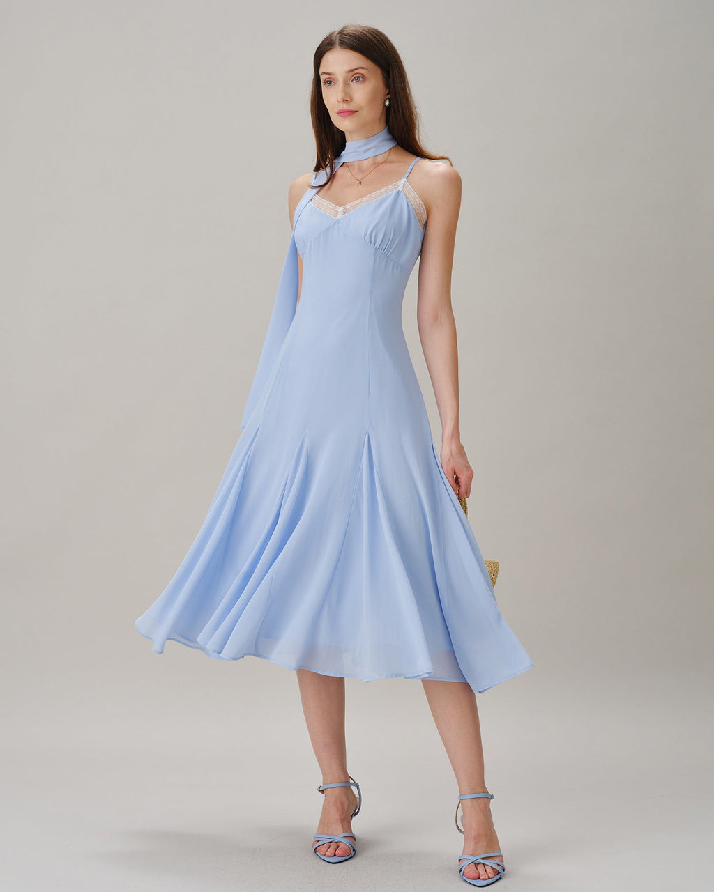 Blue Lace Splicing Slip Midi Dress