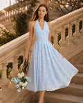 Blue Halter Tie Jacquard Midi Dress