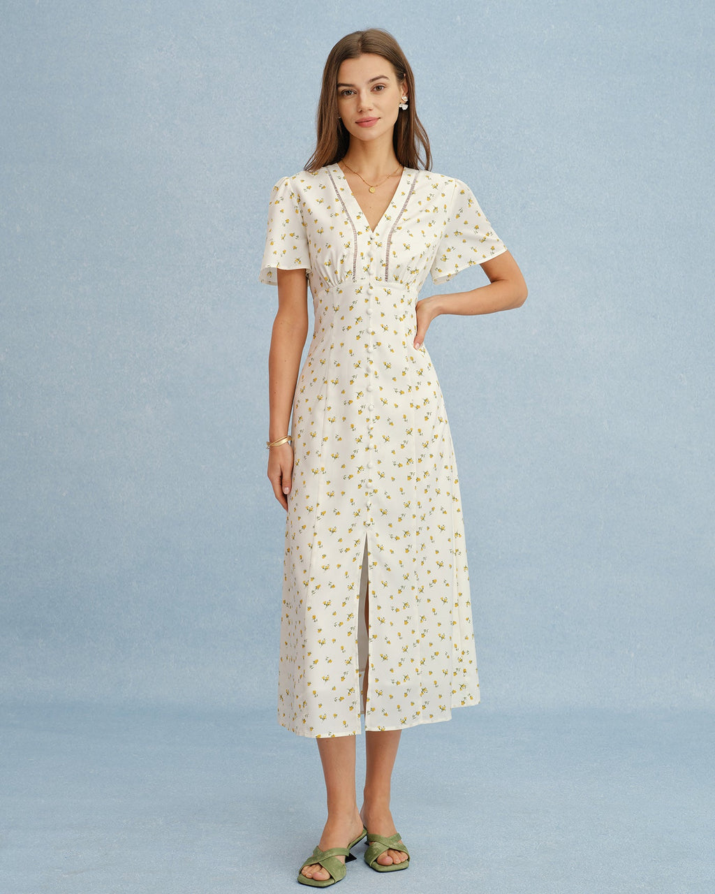 Yellow V Neck Floral Slit Midi Dress