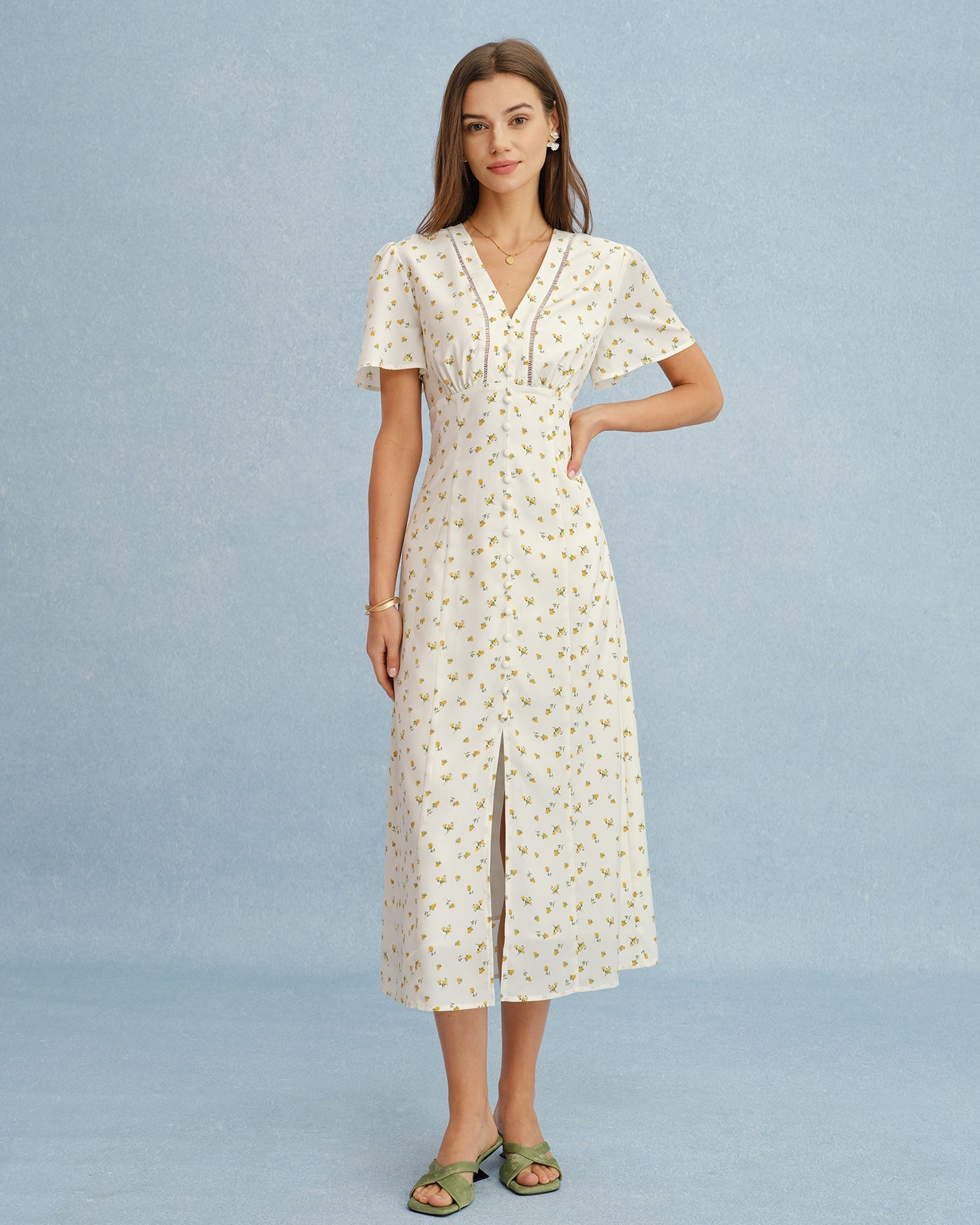 Yellow V Neck Floral Slit Midi Dress