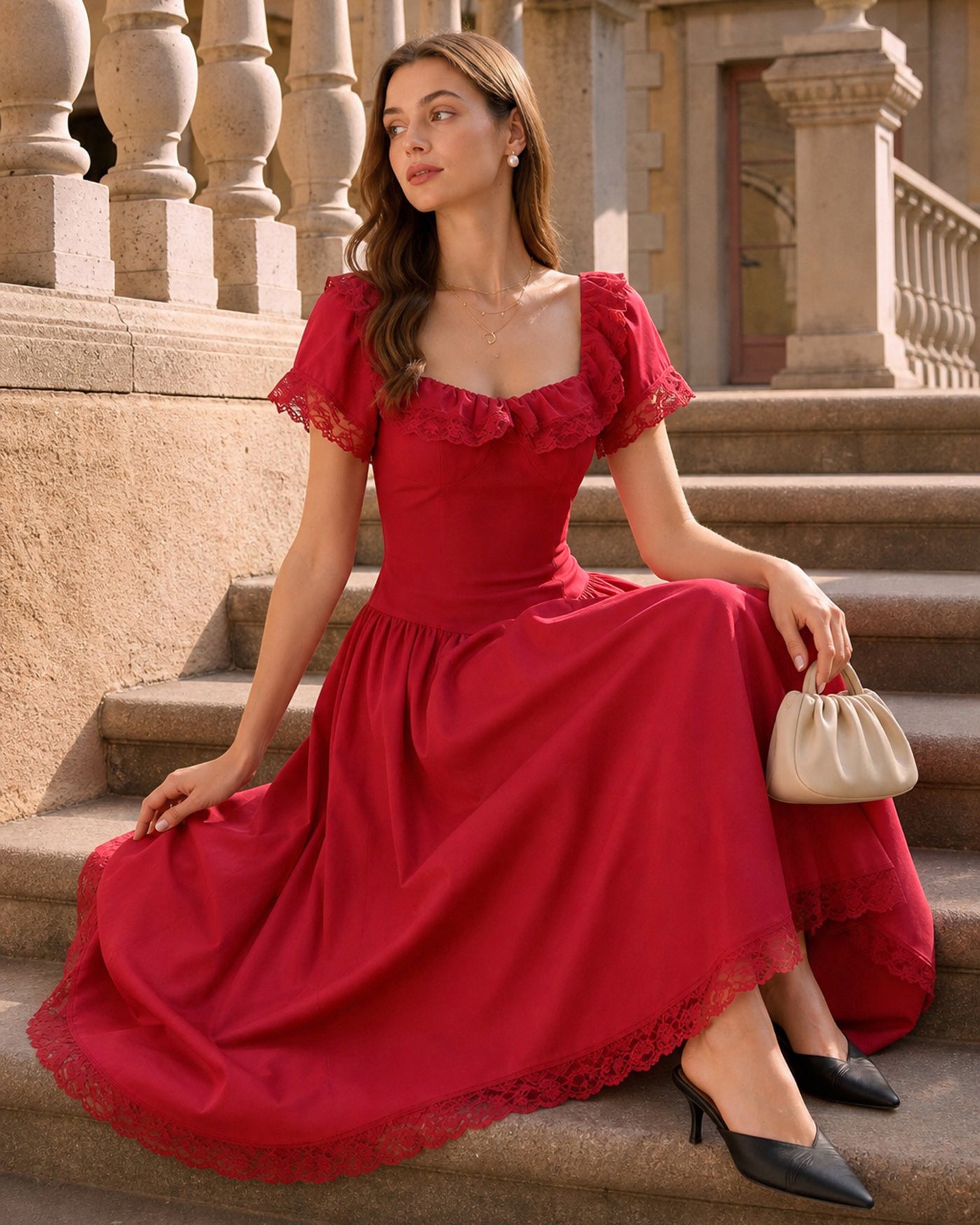 Red Sweetheart Neck Tie Lace Midi Dress