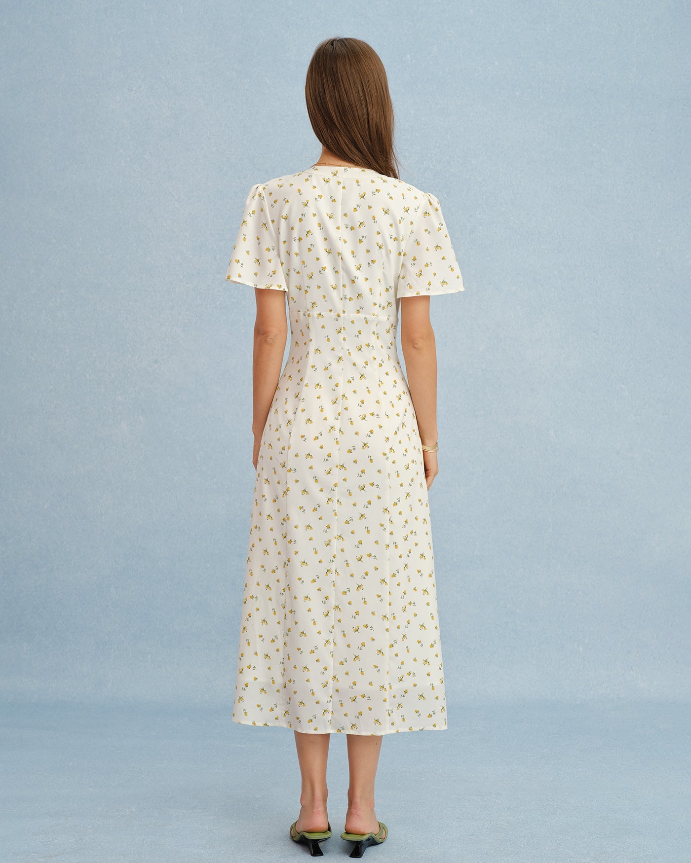Yellow V Neck Floral Slit Midi Dress