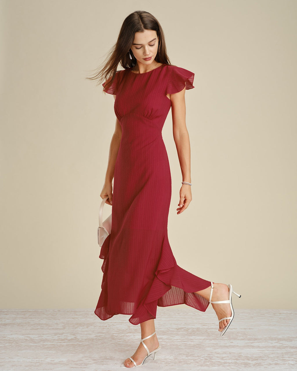 Red Solid Boat Neck Ruffle Midi Dress