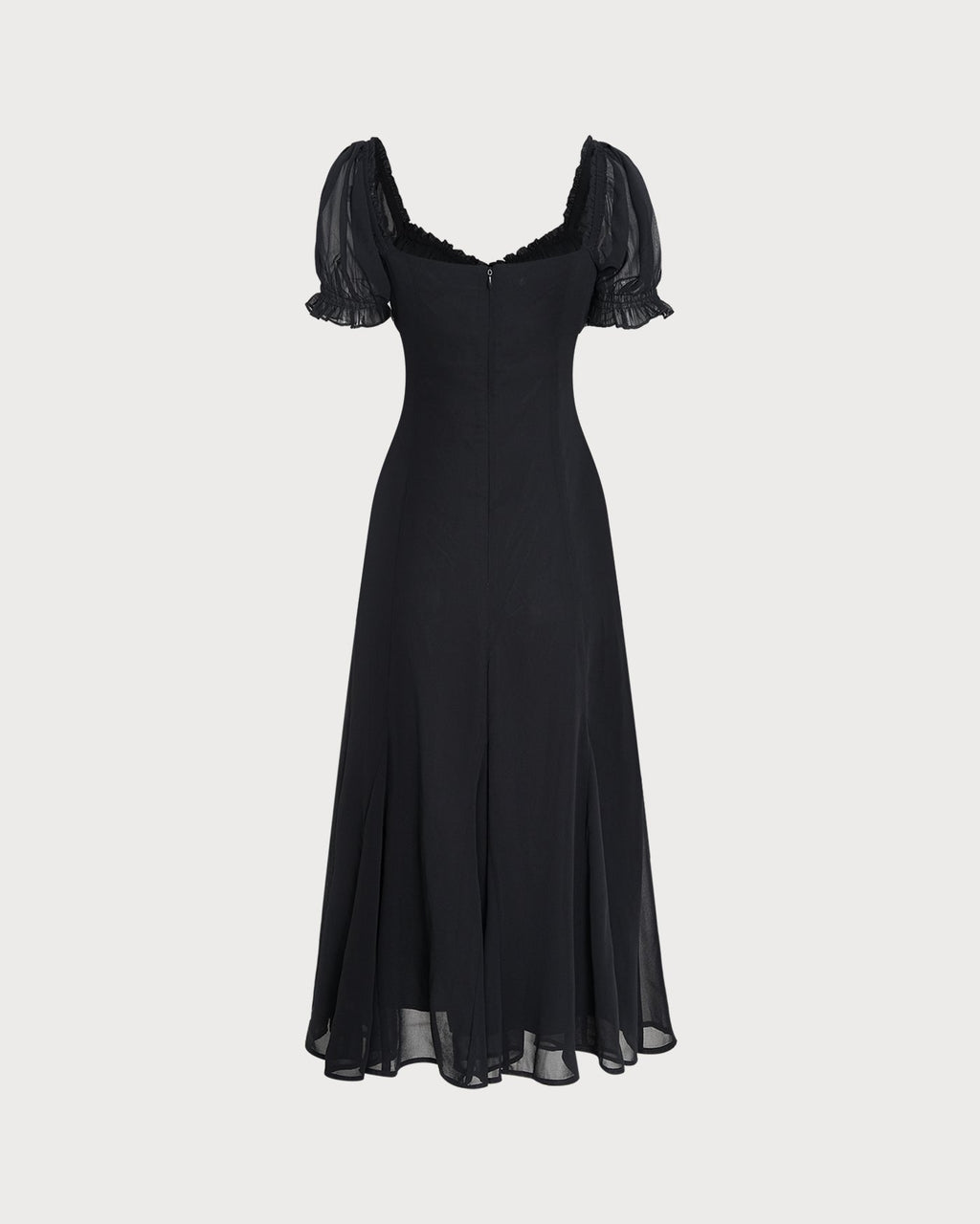 Black V Neck Puffed Sleeve Midi Dress