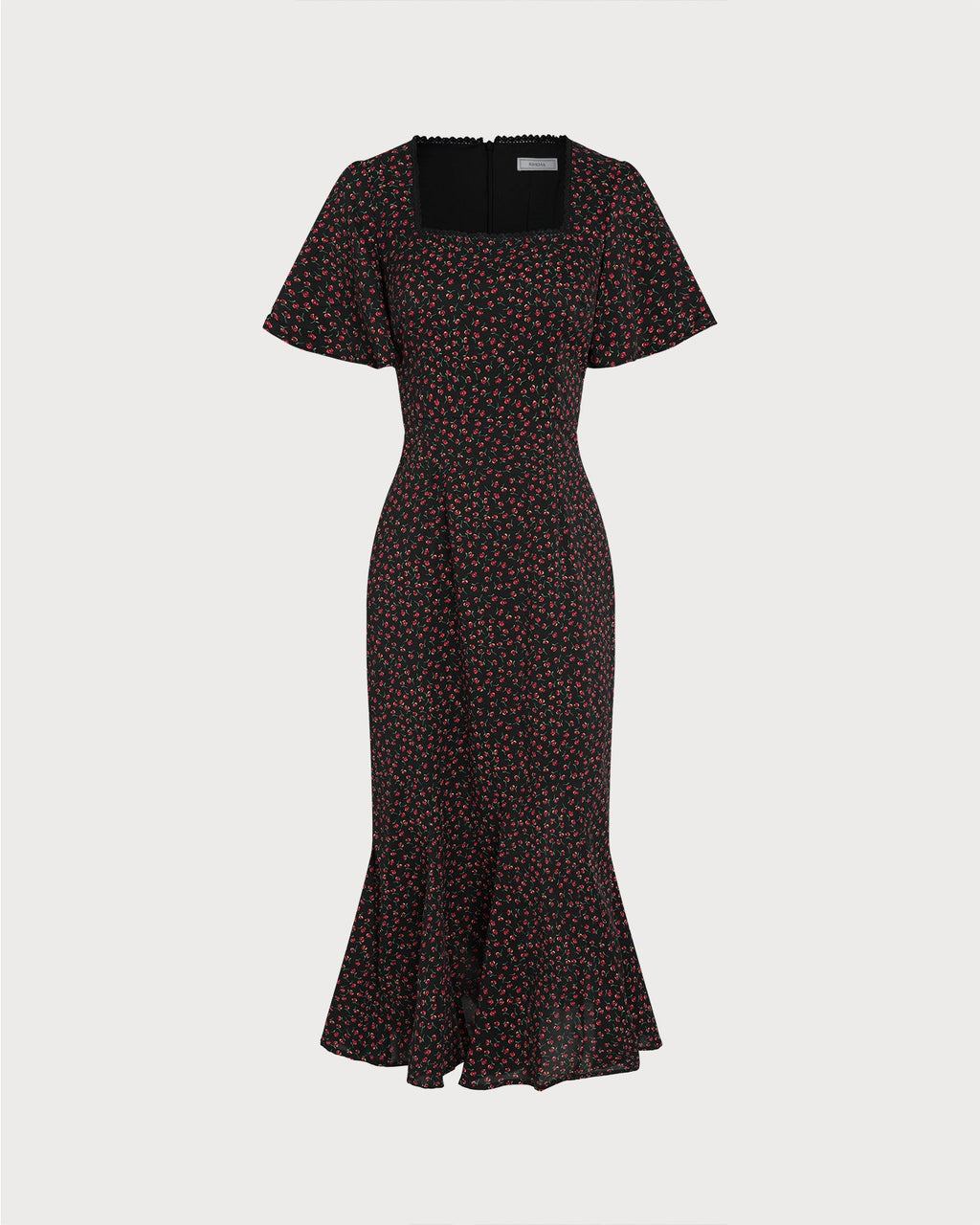 Black Square Neck Butterfly Sleeve Floral Midi Dress