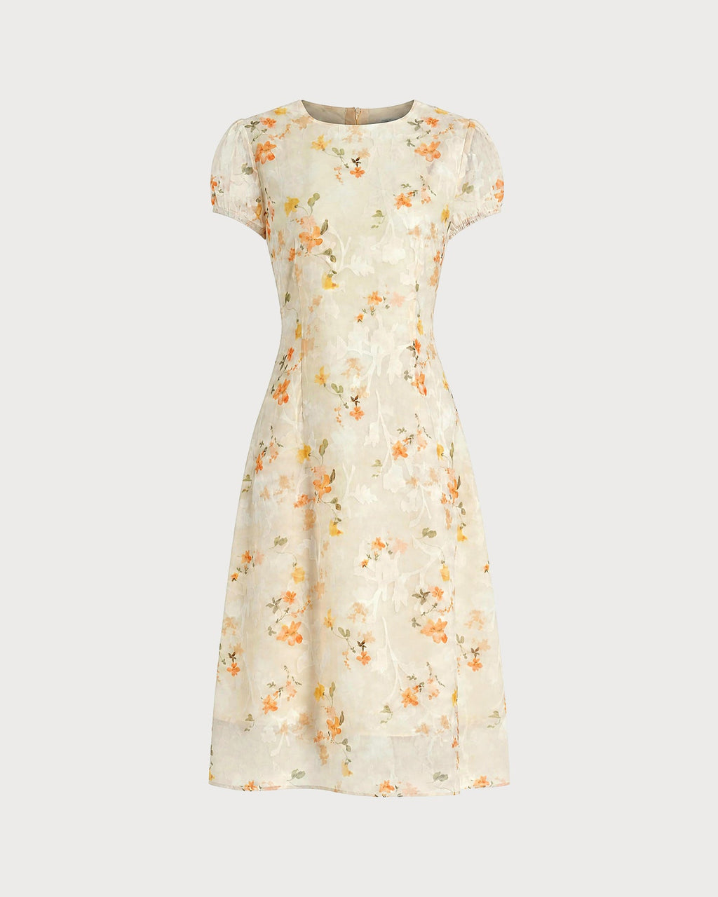 Yellow Puffed Sleeve Jacquard Midi Dress