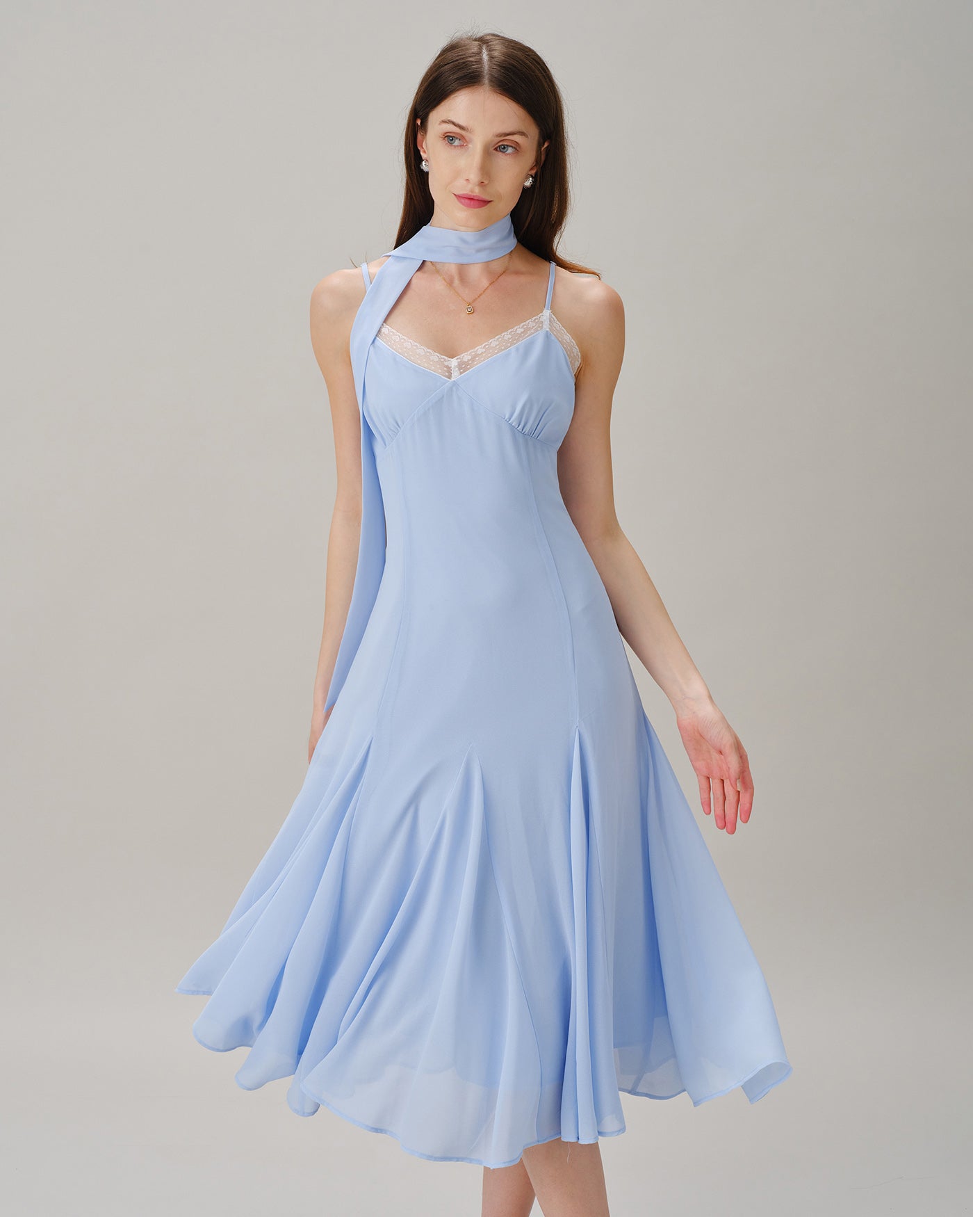 Blue Lace Splicing Slip Midi Dress