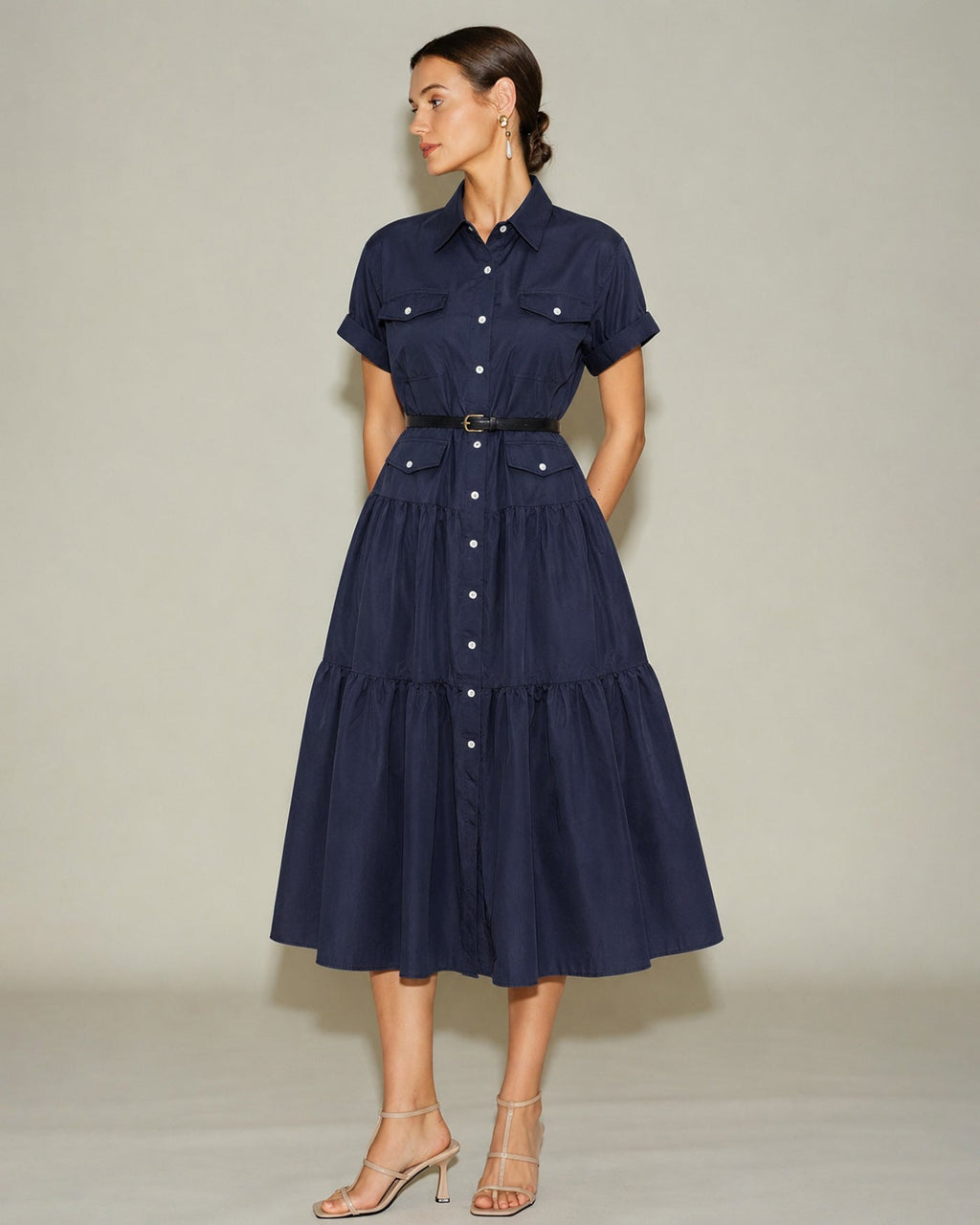 Blue Collar Pockets Button Tunic Midi Dress