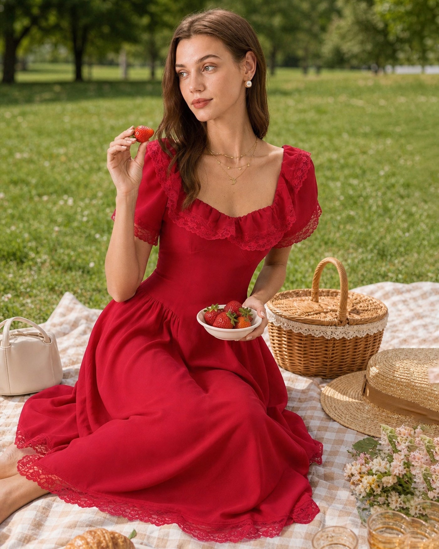 Red Sweetheart Neck Tie Lace Midi Dress