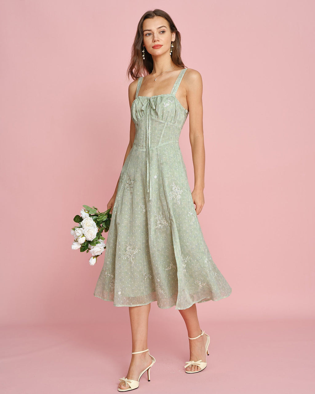 Green Jacquard Slip A-Line Midi Dress