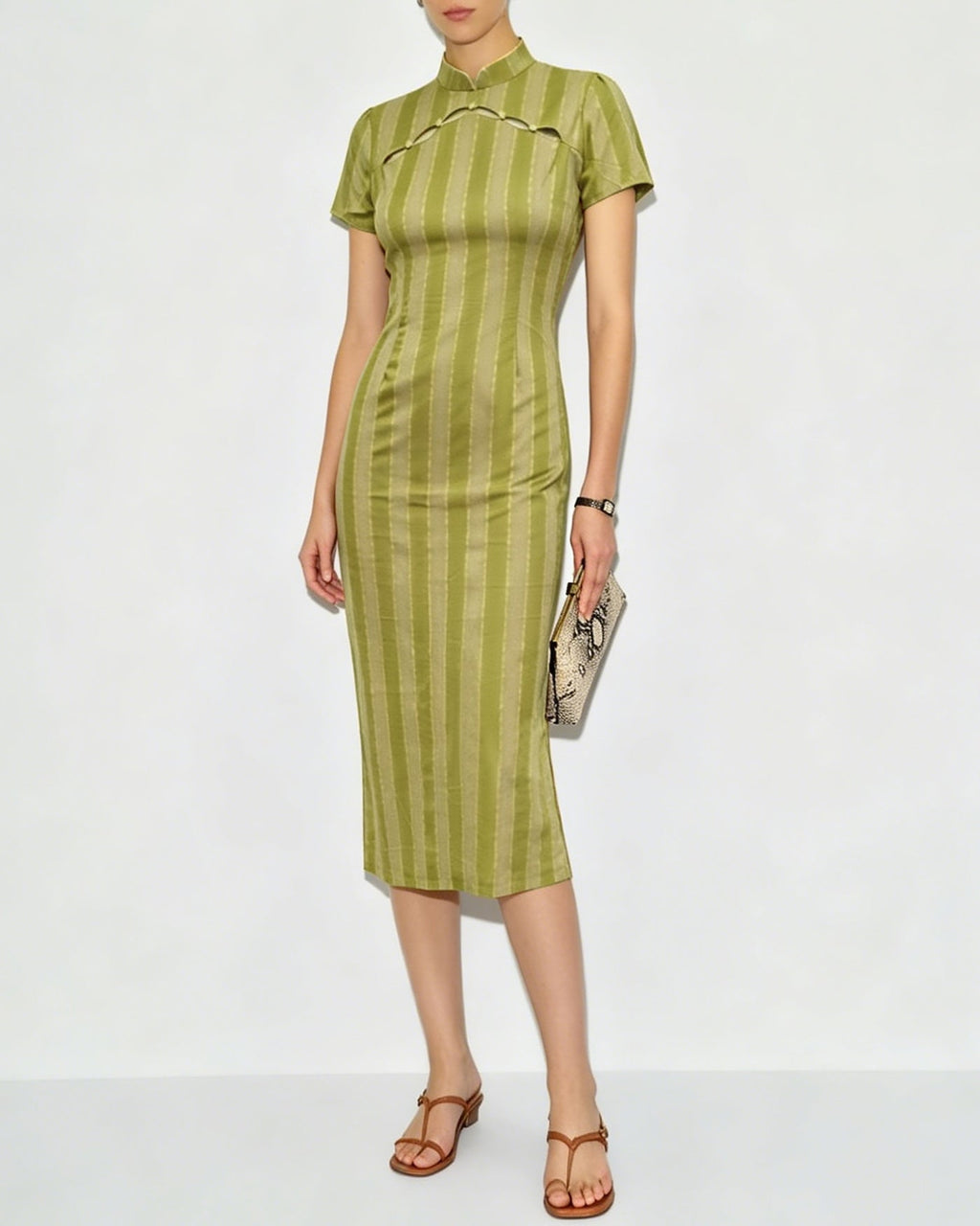 Green Mandarin Collar Tunic Midi Dress