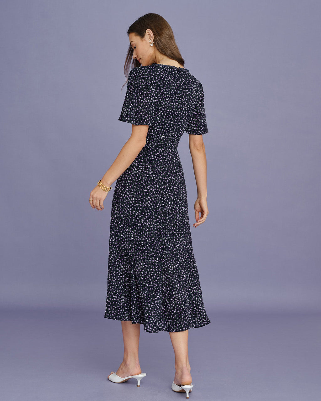 Purple Floral Butterfly Sleeve Midi Dress