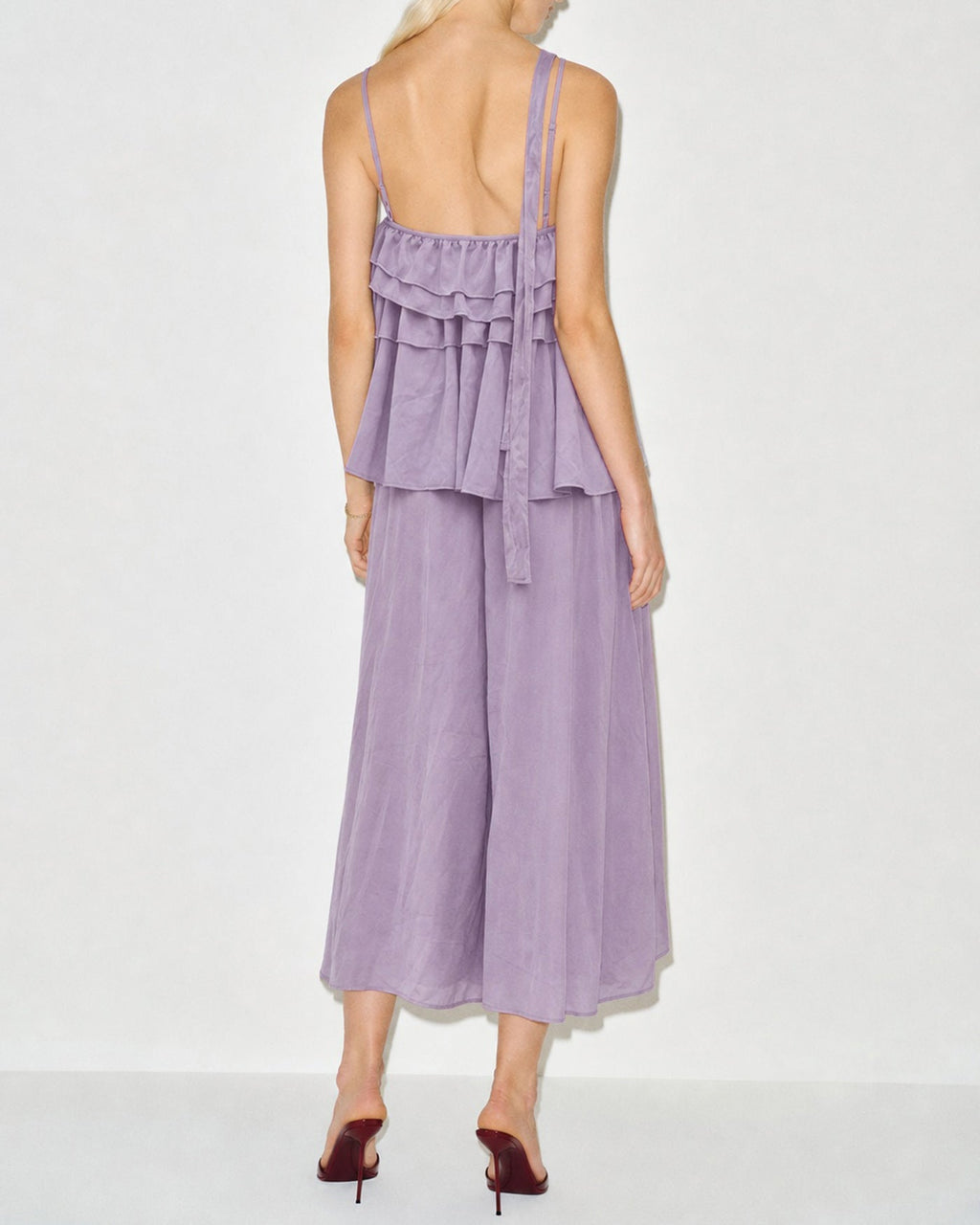 Purple Flowers Ruffle Slip Midi Dress
