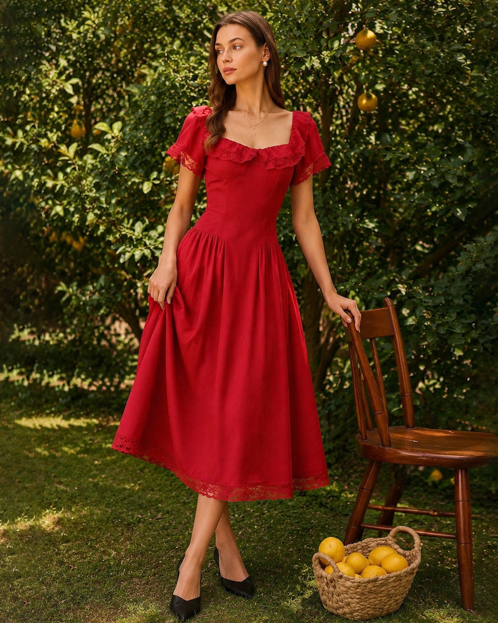 Red Sweetheart Neck Tie Lace Midi Dress