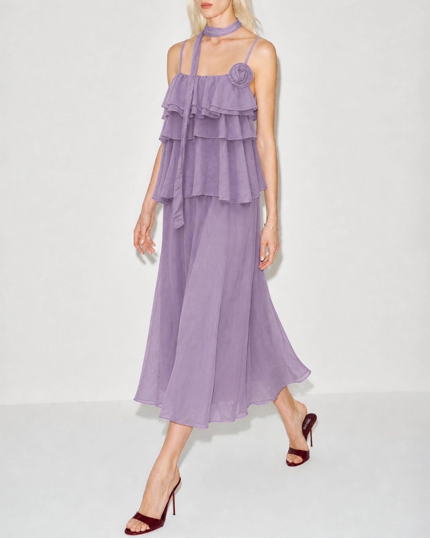 Purple Flowers Ruffle Slip Midi Dress