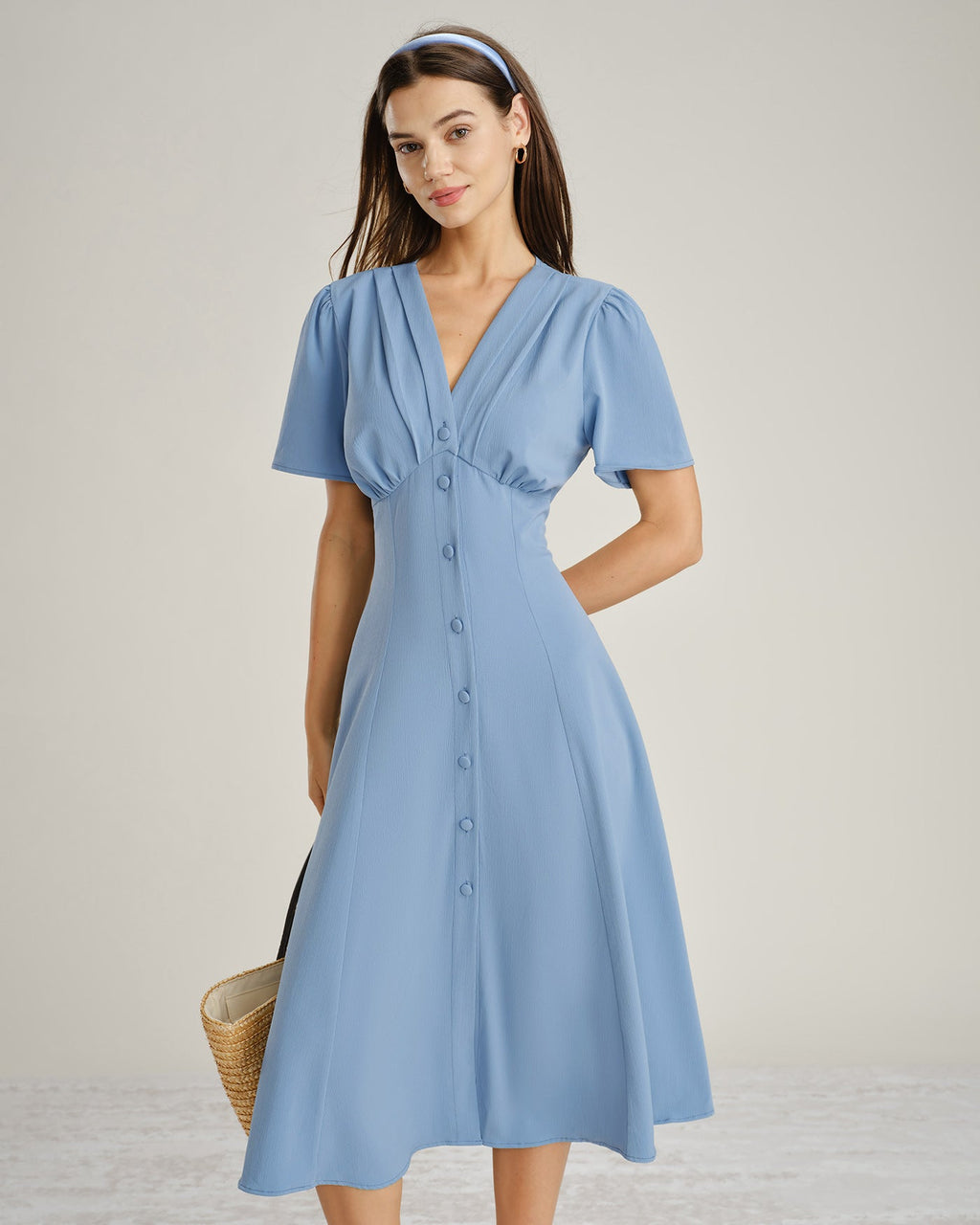 Blue V Neck Ruched Button Midi Dress