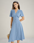 Blue V Neck Ruched Button Midi Dress