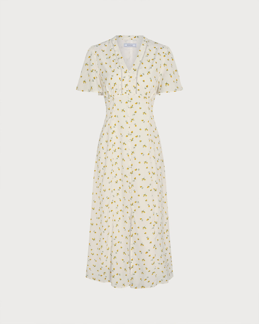 Yellow V Neck Floral Slit Midi Dress