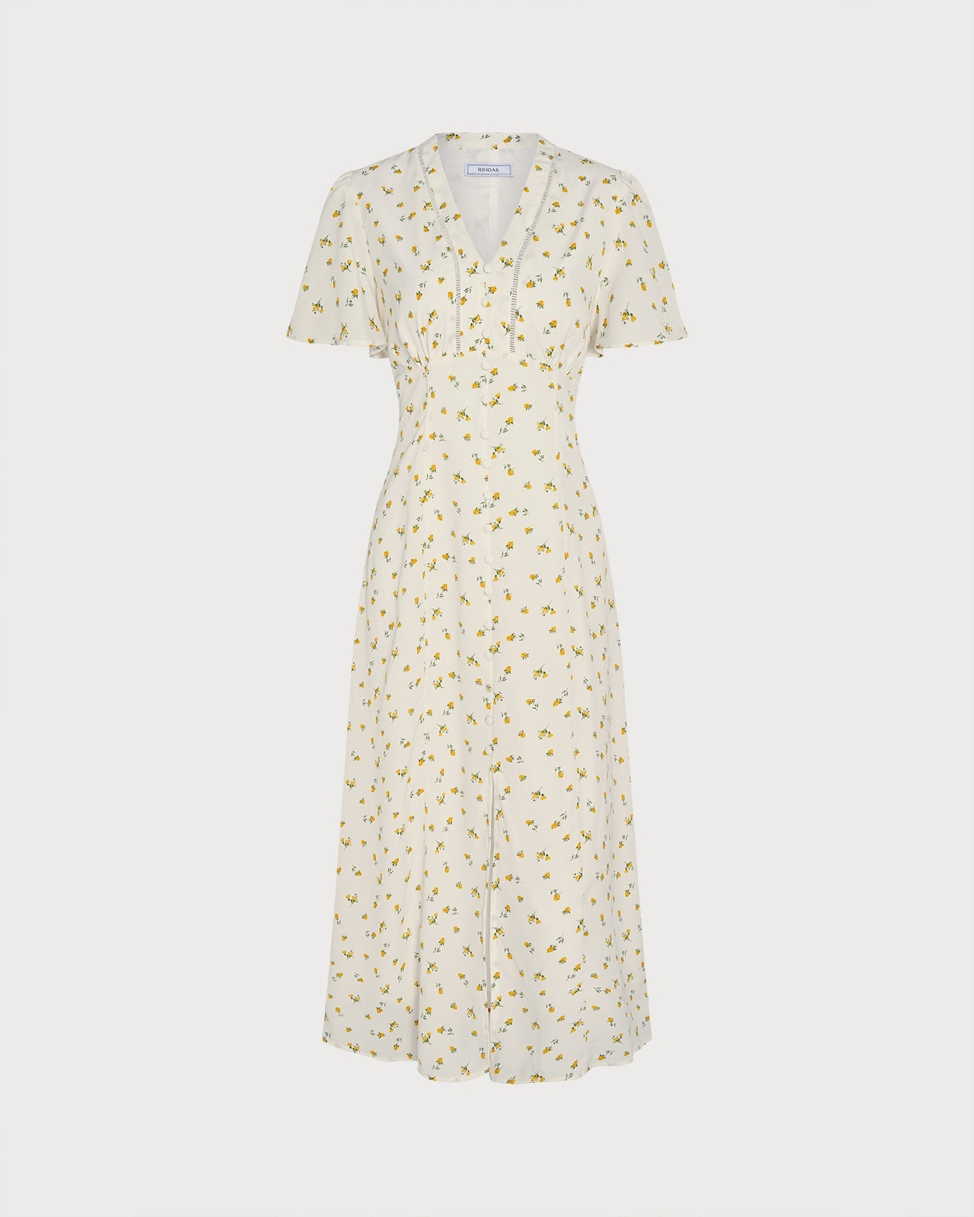 Yellow V Neck Floral Slit Midi Dress