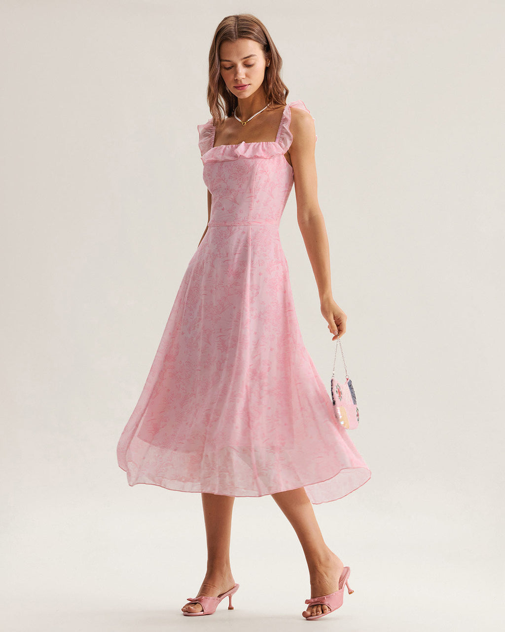 Pink Square Neck Ruffle Midi Dress