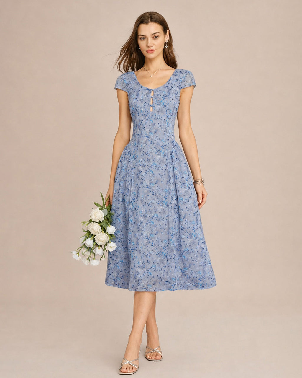 Blue U Neck Button Floral Midi Dress