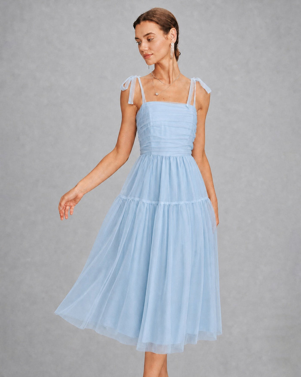 Blue Square Neck Mesh Slip Midi Dress