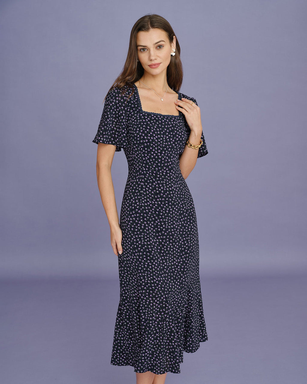 Purple Floral Butterfly Sleeve Midi Dress