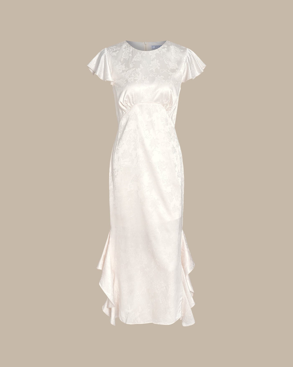 Beige Boat Neck Jacquard Ruffle Midi Dress