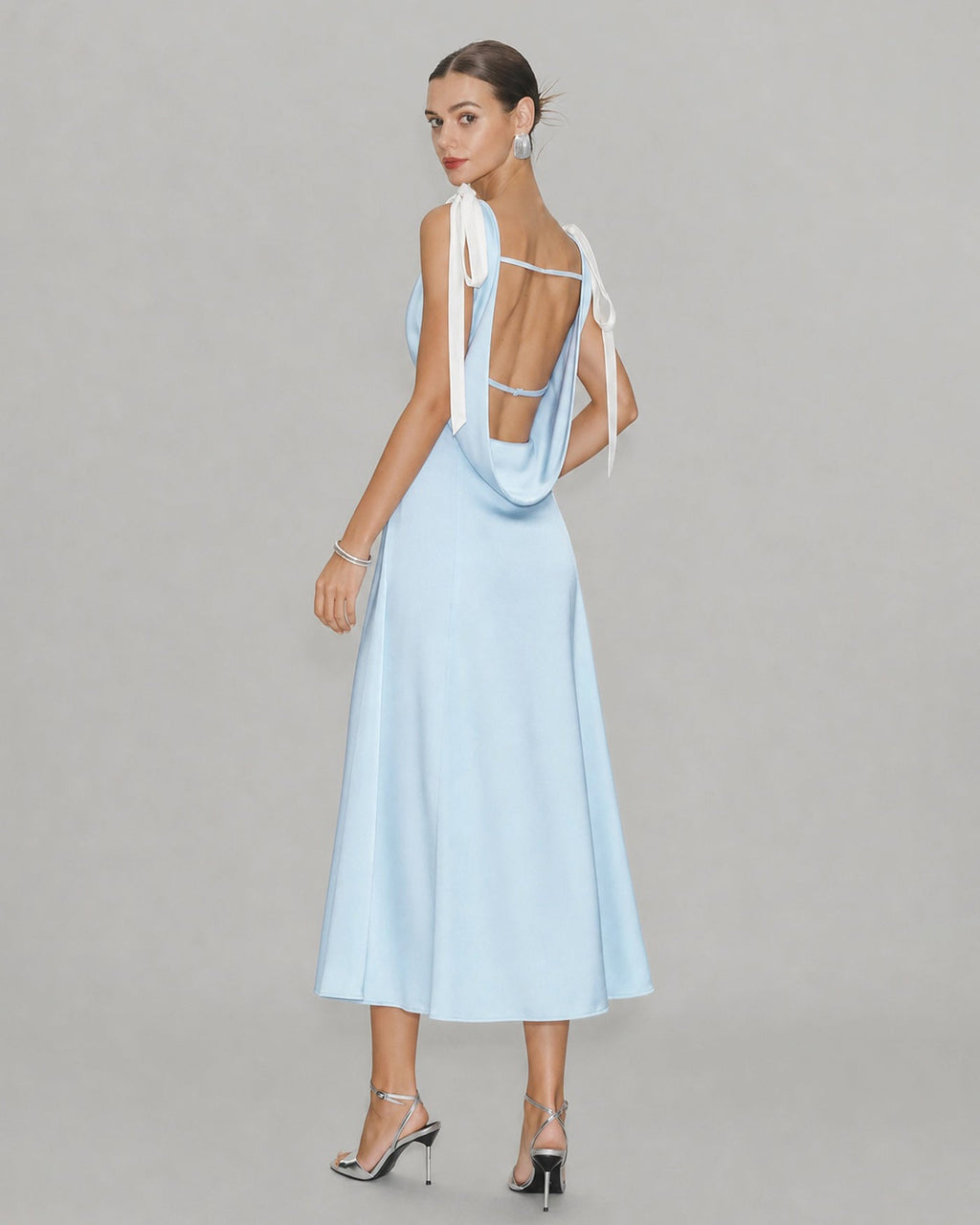 Blue V Neck Cut Out Satin Midi Dress