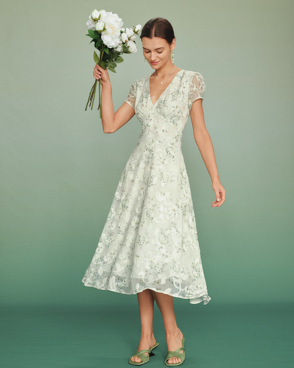 Green Puffed Sleeve Floral Tunic Midi Dress