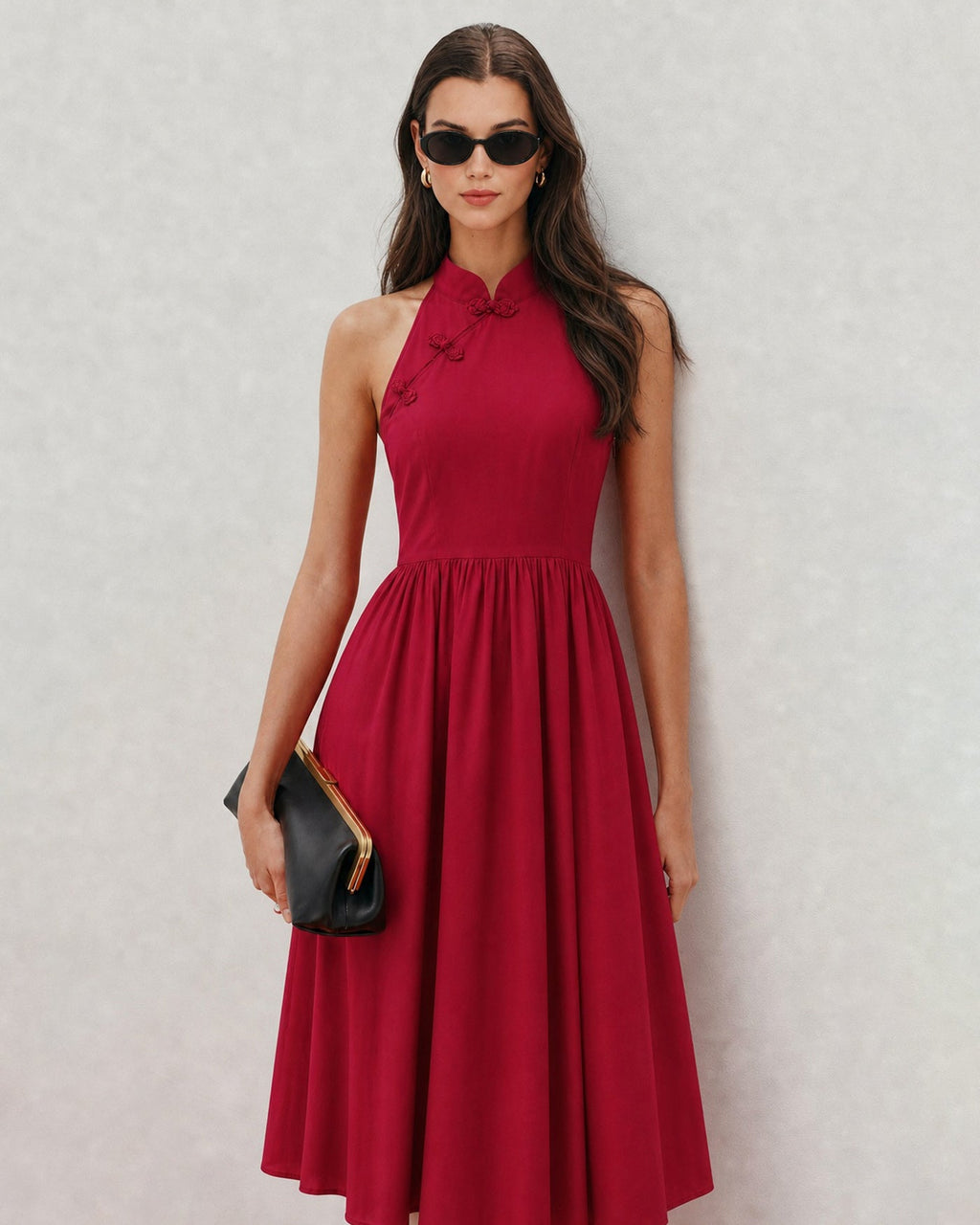 Red Mandarin Collar Pockets Midi Dress