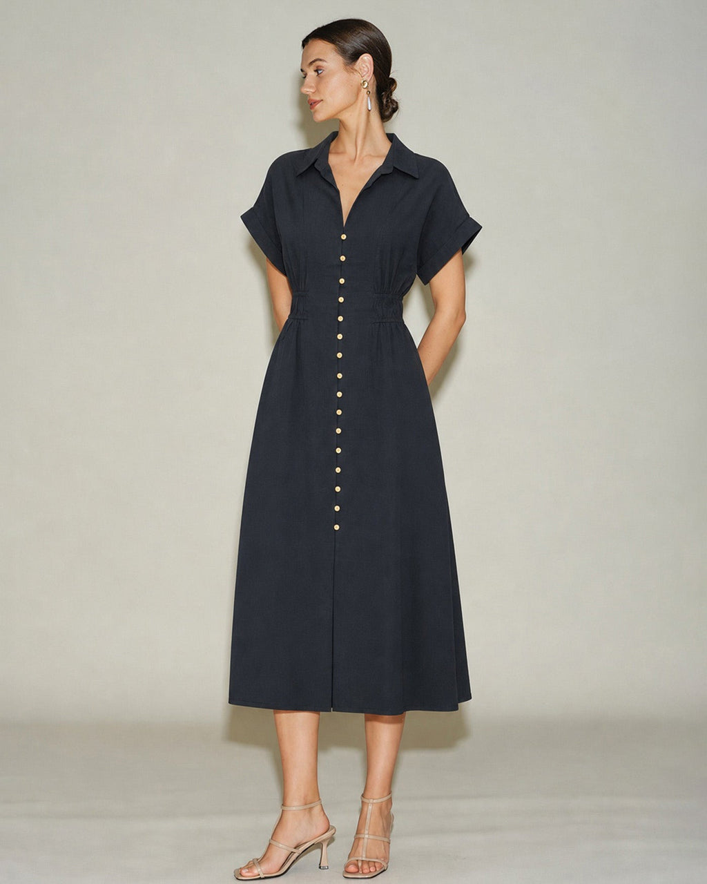 Black V Neck Drop Shoulder Midi Dress