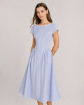 Blue Boat Neck Shirred Midi Dress