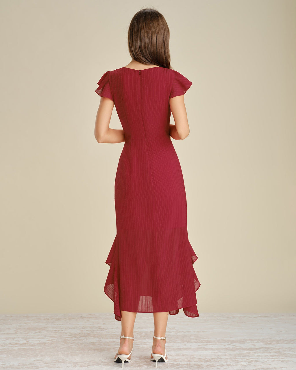 Red Solid Boat Neck Ruffle Midi Dress