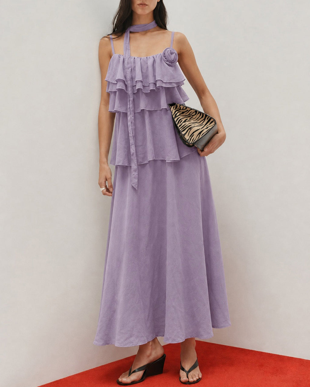 Purple Flowers Ruffle Slip Midi Dress