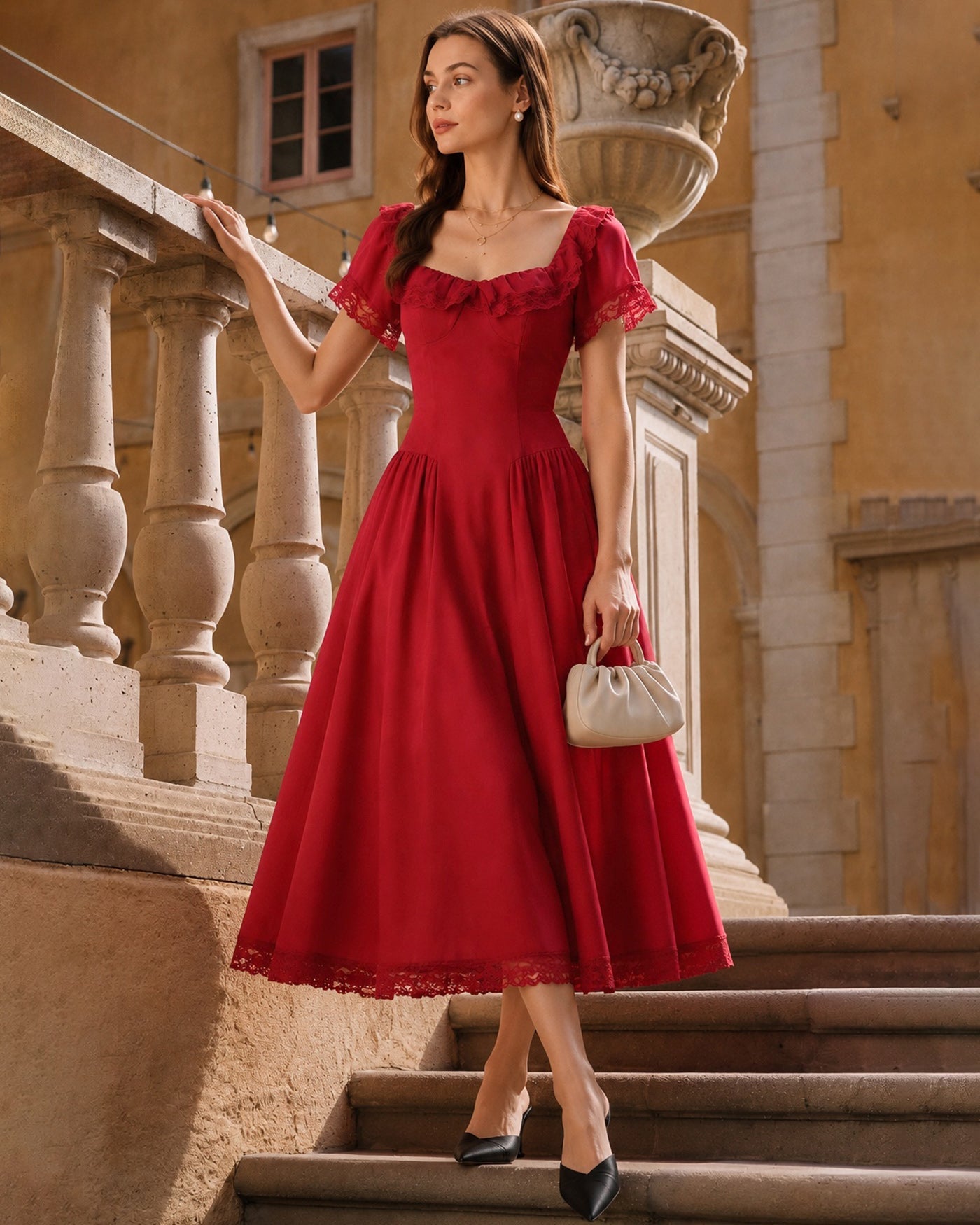 Red Sweetheart Neck Tie Lace Midi Dress